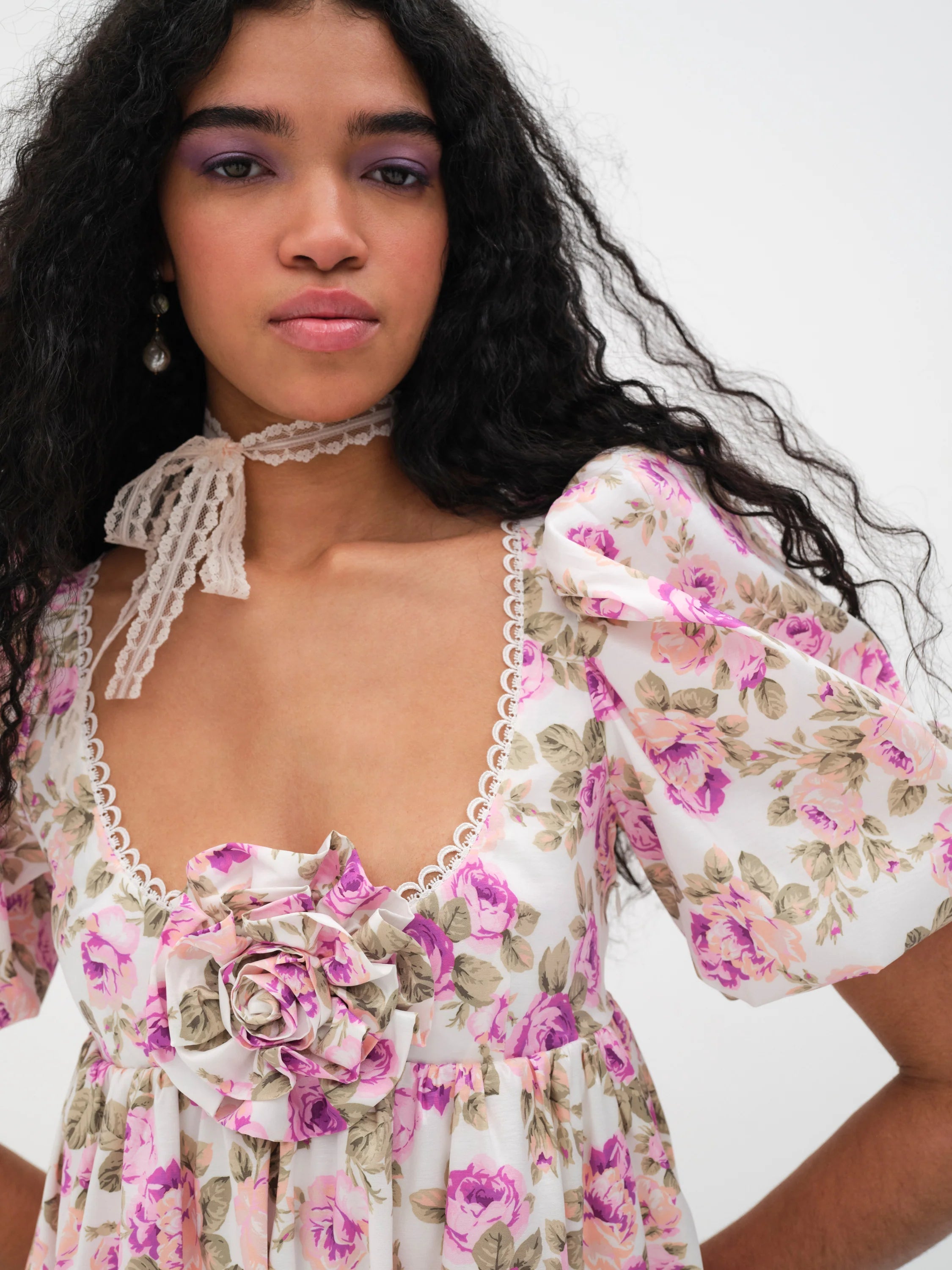 For Love & Lemons Milani Pink Floral Babydoll Puffy Sleeves Mini Dress