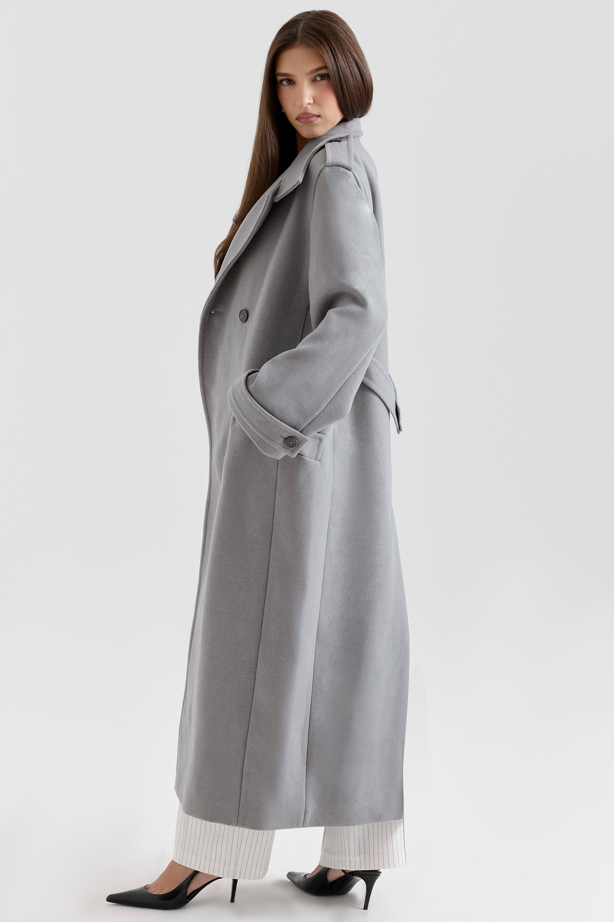 House of CB Grey Double Breasted Funnel Neck Coat