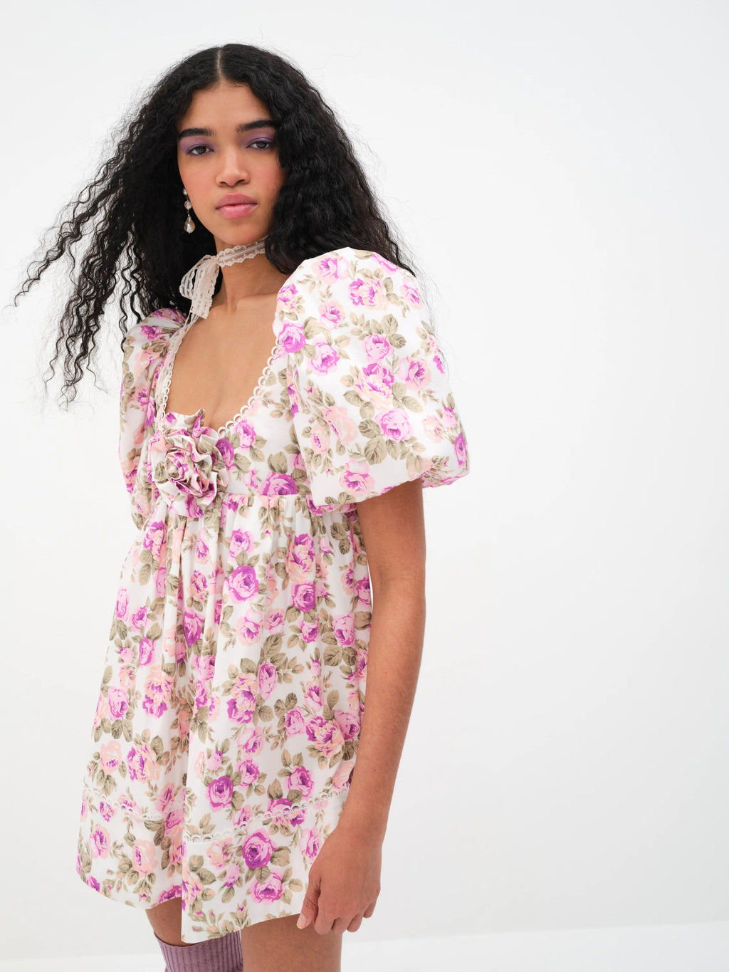 For Love & Lemons Milani Pink Floral Babydoll Puffy Sleeves Mini Dress