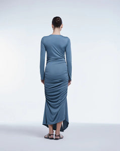 DAL the Label Ruched Asymmetrical Midi Dress