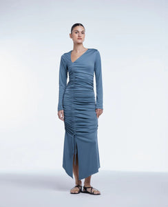 DAL the Label Ruched Asymmetrical Midi Dress