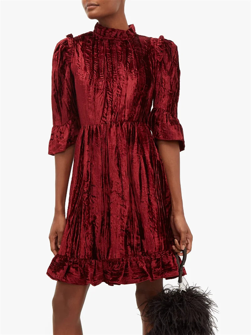 BATSHEVA Ruffled Plissé Cotton-Velvet Mini Dress